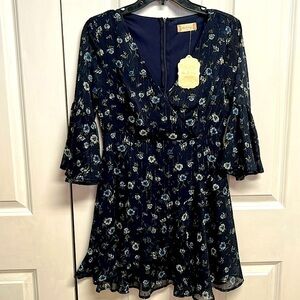 Altered State Navy Blue Rose Print Mid Bell Sleeve Mini Dress Size S NWT